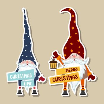 Christmas stickers collection with cute gnomes and wishes. Flat design