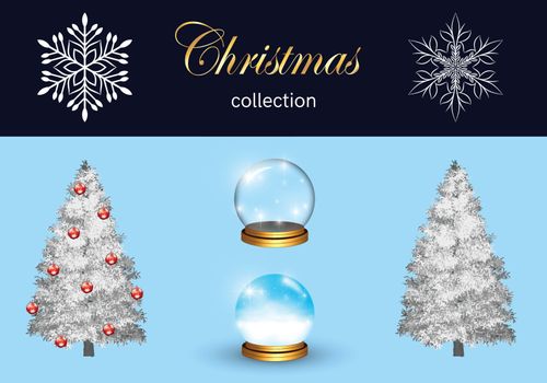 Christmas decoration set on isolated background. Snowy pine tree and wintry fir with red bauble. Empty and blue magic glass snow globes with sparkle, snowstorm. Two decorative white snowflake element.