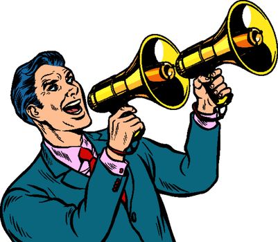 businessman with a megaphone. announcement advertising. Pop art retro vector illustration kitsch vintage drawing