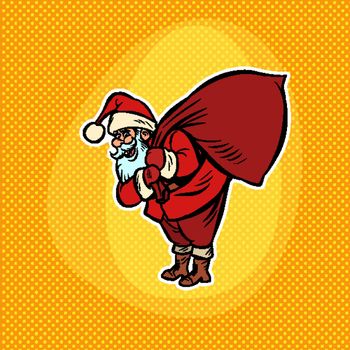 Santa Claus with a bag of gifts. Christmas and New year Comic cartoon pop art retro vector drawing illustration