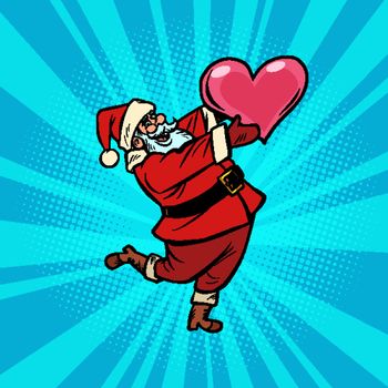 Santa Claus with heart. Christmas and New year Comic cartoon pop art retro vector drawing illustration