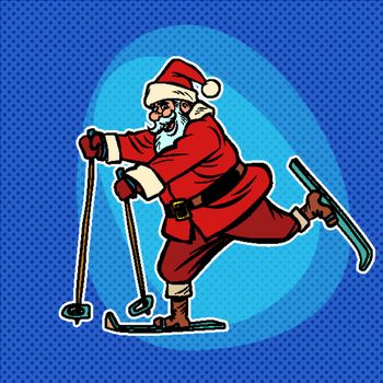 Santa Claus goes skiing. Christmas and New year. Comic cartoon pop art retro vector drawing illustration
