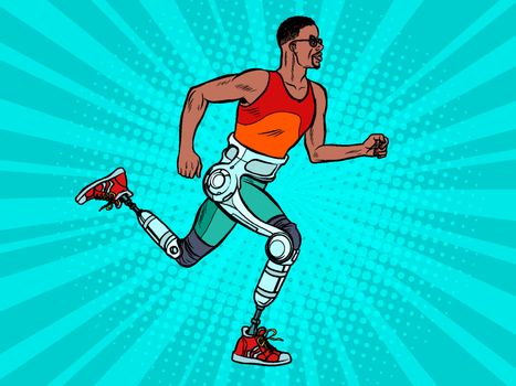disabled african man running with legs prostheses. Pop art retro vector illustration vintage kitsch 60s 50s