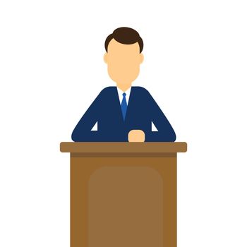 Businessman talking on Podium. Man Speaker standing behind rostrum. For business and Political concept. Flat Vector Illustration.