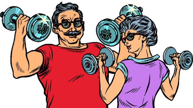 Grandparents do sports, fitness dumbbells. Pop art retro vector illustration drawing vintage kitsch