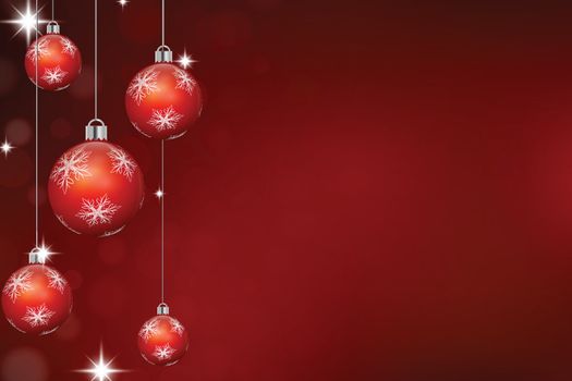 Red christmas background with bokeh and stars. Hanging decorated baubles with white snowflakes.