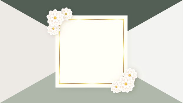 Spring background on triangle shapes in pastel colors. White flower decoration. Light space for the text with gold frame.