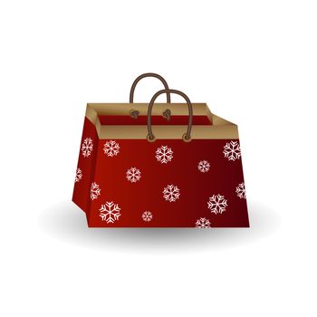 Party festive gift bag of red paper with golden ribbon decorated with a winter pattern of snowflakes isolated on a white background. Cartoon vector illustration