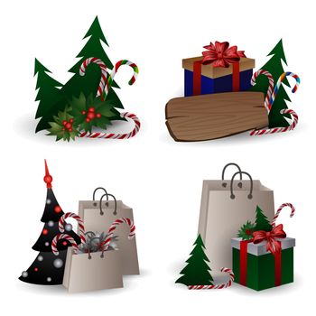 Set of festive composition with Christmas tree branches in a gift bag and boxes with bows on a white background. Christmas sale concept, eco packaging, flat lay, close up. Vector illustration, clip art.