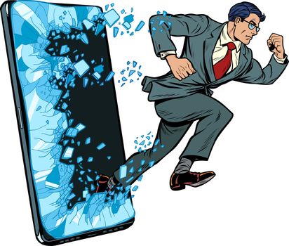 businessman punches the screen Phone gadget smartphone. Online Internet application service program. Pop art retro vector illustration drawing vintage kitsch