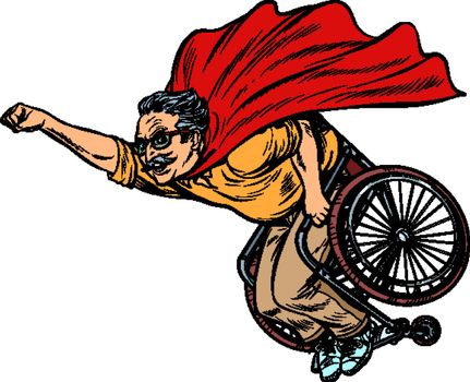 man retired superhero disabled in a wheelchair. Health and longevity of older people. Pop art retro vector illustration drawing vintage kitsch