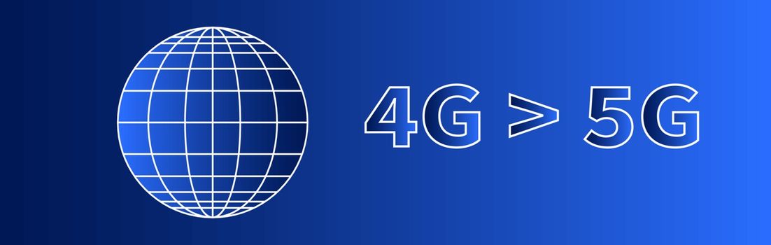 Technology horizontal banner. Globe icon. White meridians and parallels. 4G and 5G global network connectivity. Blue background. World telecommunication concept. Vector illustration EPS 10 Copyspace