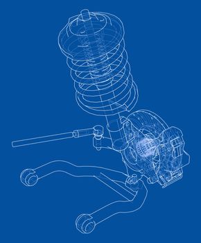 Car suspension with shock absorber. Vector rendering of 3d. Wire-frame style. The layers of visible and invisible lines are separated