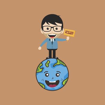 man holding sign save earth global warming campaign vector