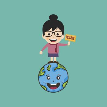 female holding sign save earth global warming campaign vector