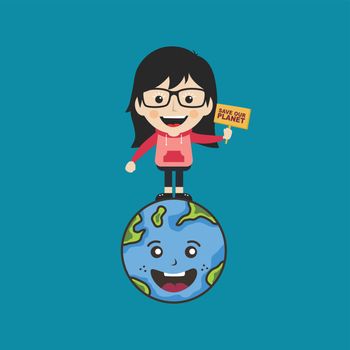 female holding sign save earth global warming campaign vector