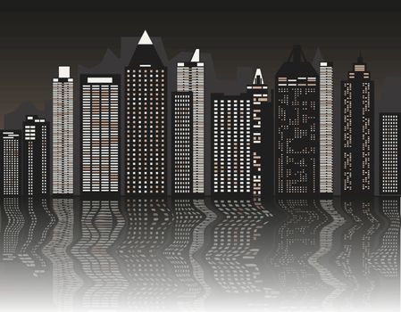 Gray night city with reflection vector illustration