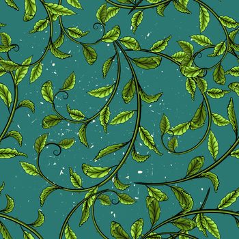 Green leaves seamless pattern on green background