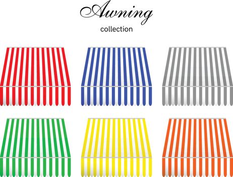 Striped awning collection in 6 color. Decoration elements from the front, on white isolated background.