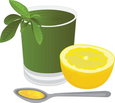 A glass of tea with a lemon,  honey and a tea brunch leaves vector illustration on a white background