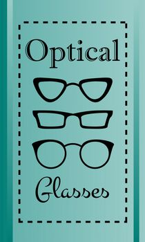 Plastic black-rimmed optical glasses in three design options on blue background with text in dotted line
