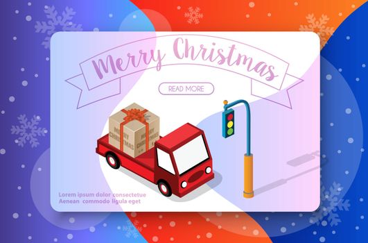 New Year Christmas holiday happy day box gifts on the car. Winter red Vector Illustration