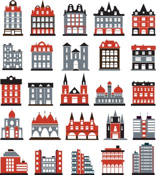 Colored silhouettes of city buildings on a white background