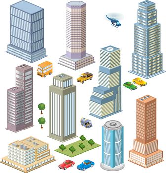 Isometric views of city skyline with trees and transport