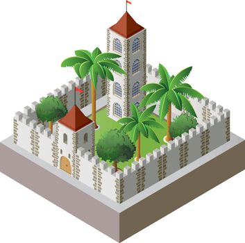 Vector isometric fortress surrounded by a wall with a garden