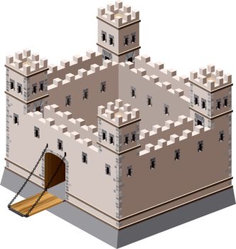 A perspective view of a medieval fortress on a white background