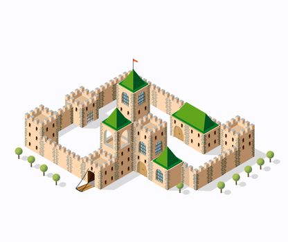Medieval fortress fort. Isometric view vintage medieval fortress fort
