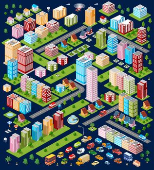 A large set of isometric urban objects. A set of urban buildings, skyscrapers, houses, supermarkets, roads and streets