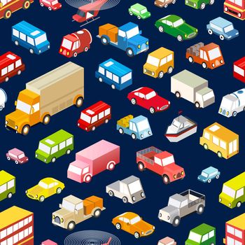 Seamless repeating background of various isometric vehicles, cars, buses and trucks