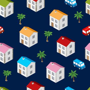 City isometric seamless pattern of the house, transportation, repetitive background