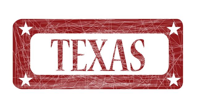 A grunged red ink stamp with the word Texas over white