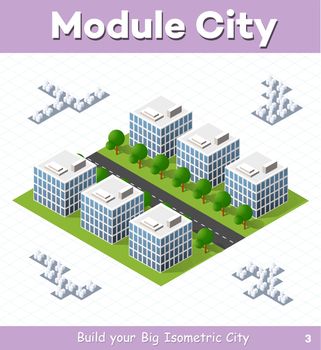 Urban module for the construction and design of large isometric city. Six town houses white with a street with trees