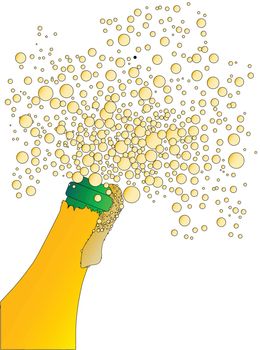 Champagne bottle being opened with froth and bubbles isolated on white
