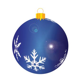 A glossy blue Christmas decoration with snowflake patterns isolated on a white background.
