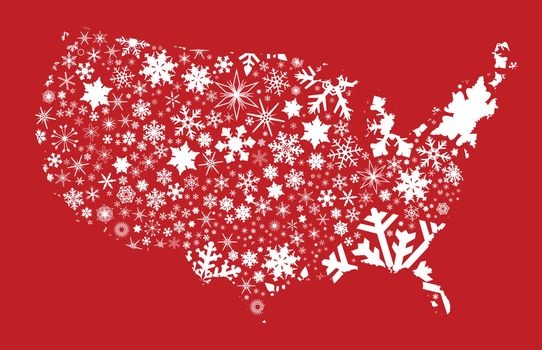 A red silhouette map of the US of A in red and white