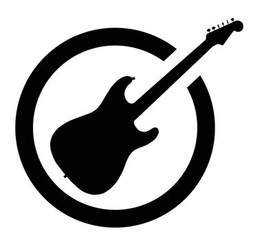 The definitive rock and roll guitar as as rubber ink stamp in black, isolated over a white background.