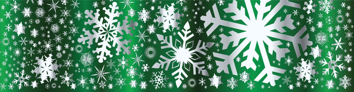 A banner of silver christmas snowflakes on a green background.