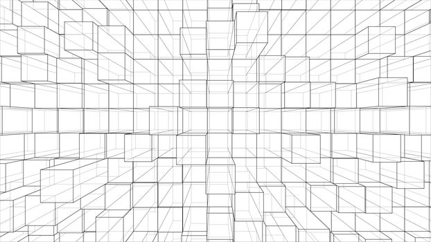 Abstract background of cubes outline. Vector rendering of 3d. Wire-frame style. The layers of visible and invisible lines are separated