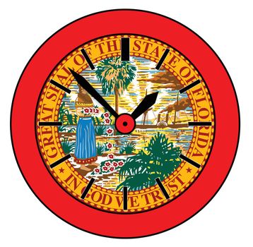 A typical clock face without numbers and the Florida flag background