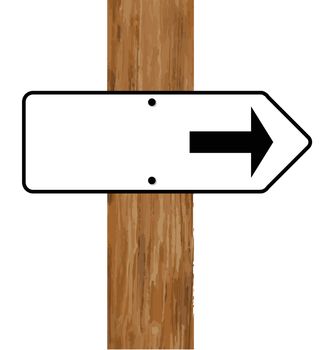 A white and black blank arrow fixed to a wooden pole over a white background