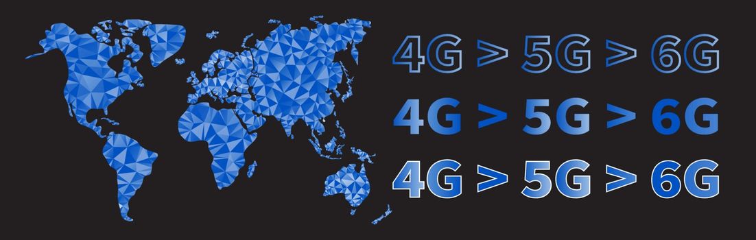 Global telecommunications 4G 5G 6G speed. Blue banner. Polygonal world map. Triangular pattern of continents. Geometric trendy polygonal style. Blue triangles. Scientific design concept. Vector EPS 10