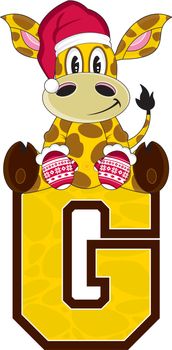 Cute Cartoon G is for Giraffe in Santa Claus Hat Alphabet Learning Illustration - By Mark Murphy Creative