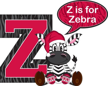 Cute Cartoon Z is for Zebra in Santa Claus Hat Christmas Alphabet Learning Illustration - By Mark Murphy Creative
