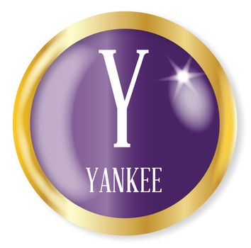 Y for Yankee button from the NATO phonetic alphabet with a gold metal circular border over a white background