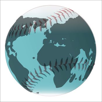 A new white baseball with red stitching with a world globe on a white background.