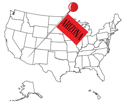 An outline map of USA with a knob pin in the state of Arizona